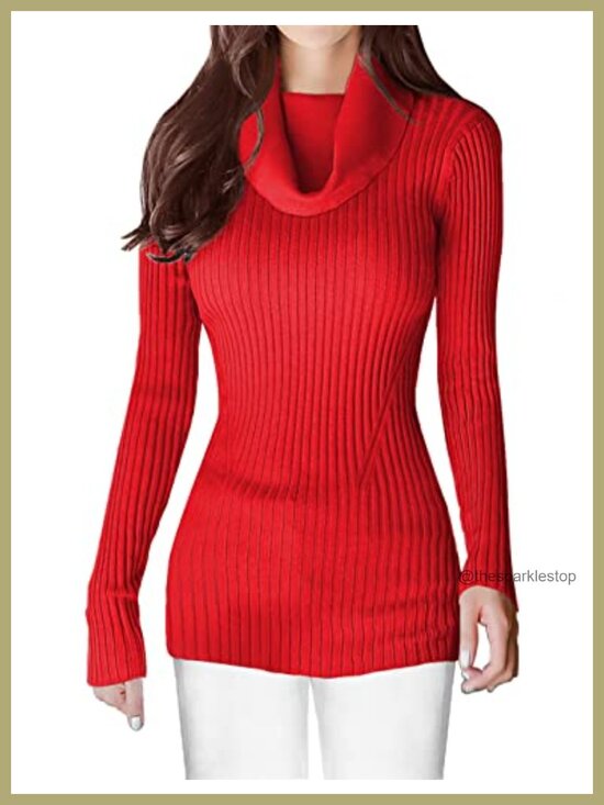 Sweaters - Stretchable Cowl Neck Ribbed Knit Long Sleeve Slim Fit Bodycon Sweater